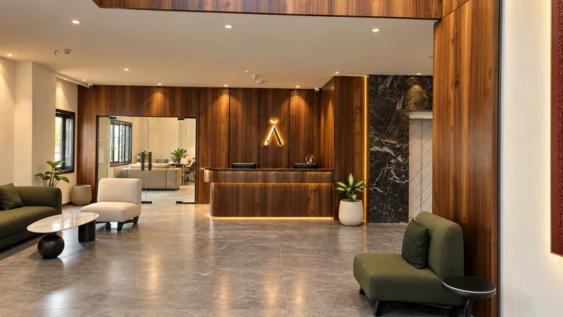 Reception desk and lobby seating at Amara Hotel, Nizamabad, home of Cafe Amara