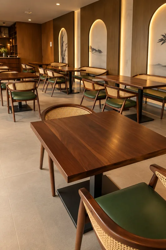 Cane chairs and walnut tables at Cafe Amara, Nizamabad