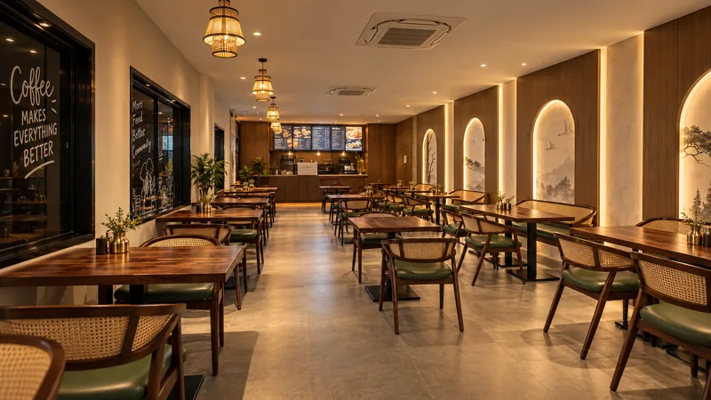 Cafe Amara in the evening, with warm lamps, arched wall niches and the coffee counter at the back